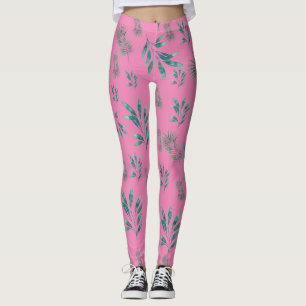 Leggings Paume rose et vert Aquarelle Feuilles