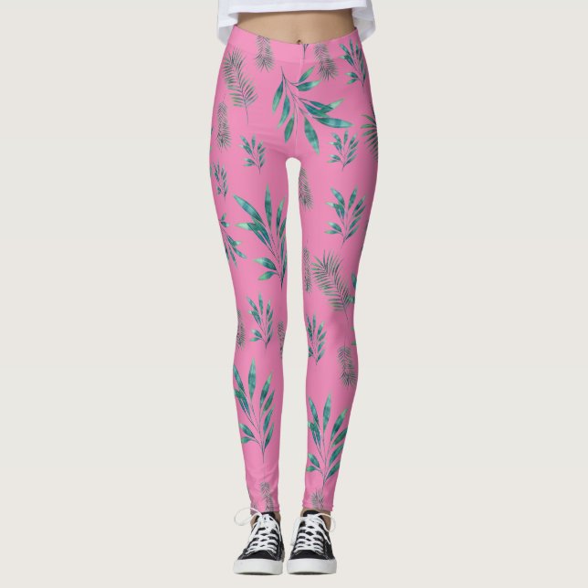Leggings Paume rose et vert Aquarelle Feuilles (Devant)