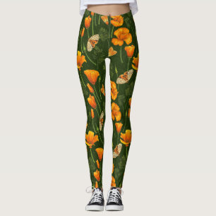 Leggings Pavot de Californie et papillons de nuit sur vert 