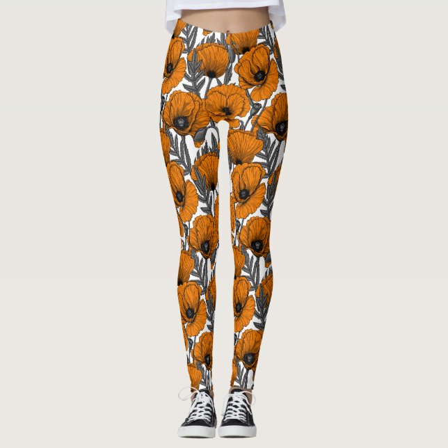 Leggings Pavot orange sur blanc (Devant)