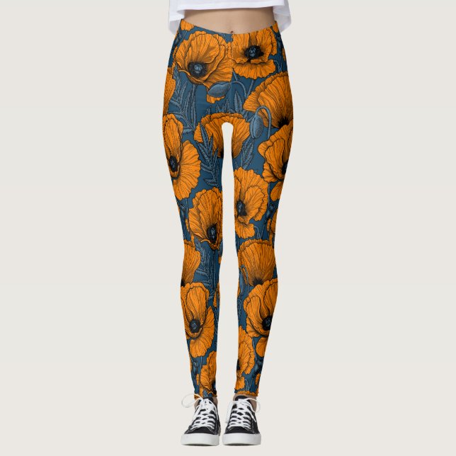 Leggings Pavot orange sur bleu foncé (Devant)