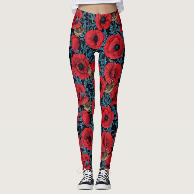 Leggings Pavot rouge et brunes, feuilles bleus sur noir (Devant)