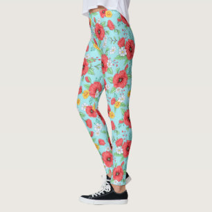 Leggings Pavot rouge et marguerites modèle floral moderne