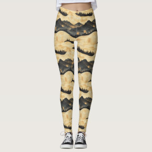 Leggings Paysage de montagnes vintage avec nuages (1)