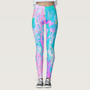 Leggings Paysage d'hortensias bleu aqua et rose chaud
