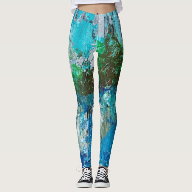 Leggings Paysage Texturé Abstrait Bleu et Vert (Devant)