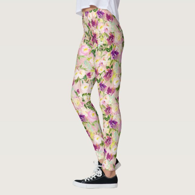 Leggings Peach rose Purple Bourgogne Aquarelle Florale (Gauche)