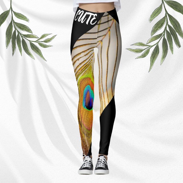 Leggings Peacock Plumes élégant Noir Moderne Tan Femmes (Créateur téléchargé)