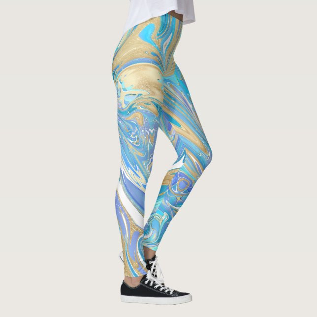 Leggings Pearlescent Aqua & Gold en marbre liquide (Droite)