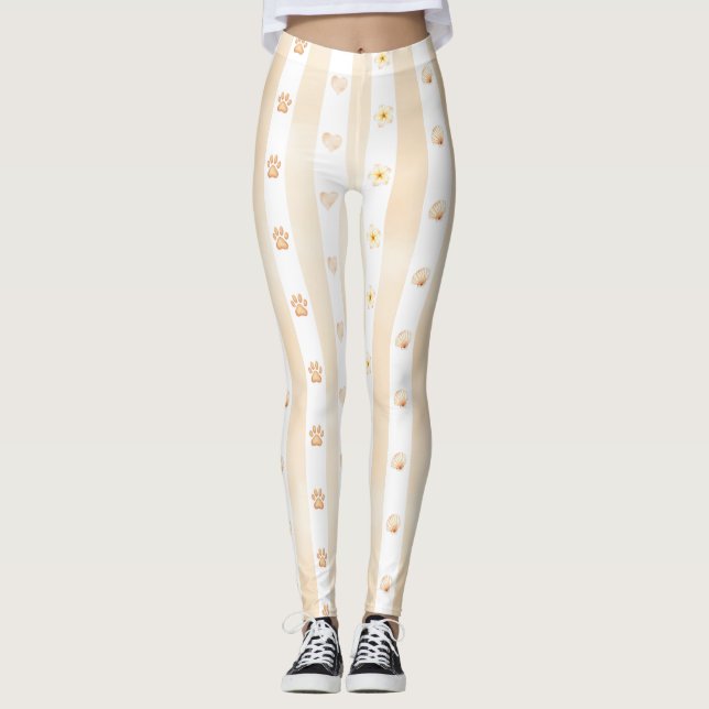 Leggings Pêche et Blancs - Coeurs, Fleur, Empreinte de patt (Devant)