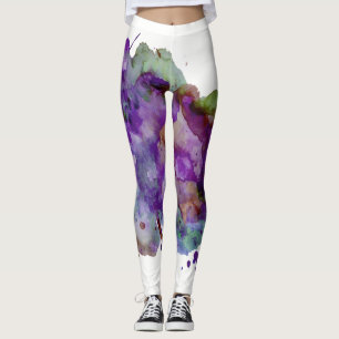 Leggings Peinture à l'aquarelle verte et violette unique