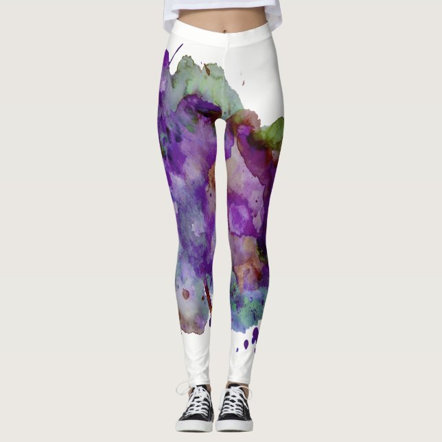 Leggings Peinture à l'aquarelle verte et violette unique (Devant)