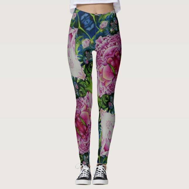 Leggings peinture Abstraite à l'aquarelle fleurie de pivoin (Devant)