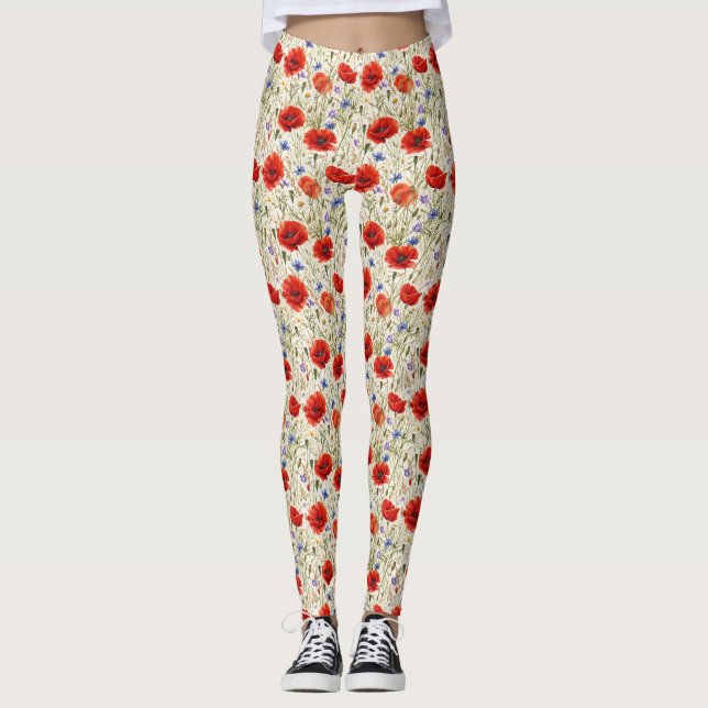Leggings Peinture de Prairie aux Coquelicots (Devant)