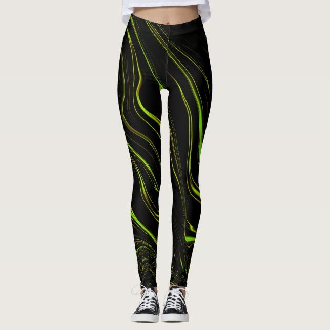 Leggings Pelouse dorée, vert ondulé longues traces sur fond (Devant)