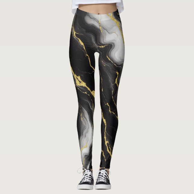 Leggings Pensées Cadeaux Noir Blanc Et Marbre Or (Devant)