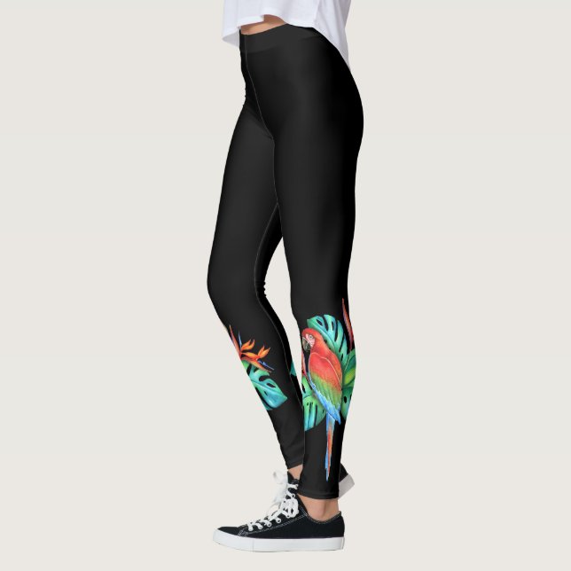 Leggings Perroquet macaw tropical sur noir (Gauche)