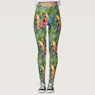 Leggings Perroquets verts, rouges, bleus et fleurs tropical