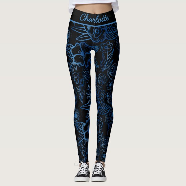 Leggings Personnalisé floral continu motif bleu noir (Devant)