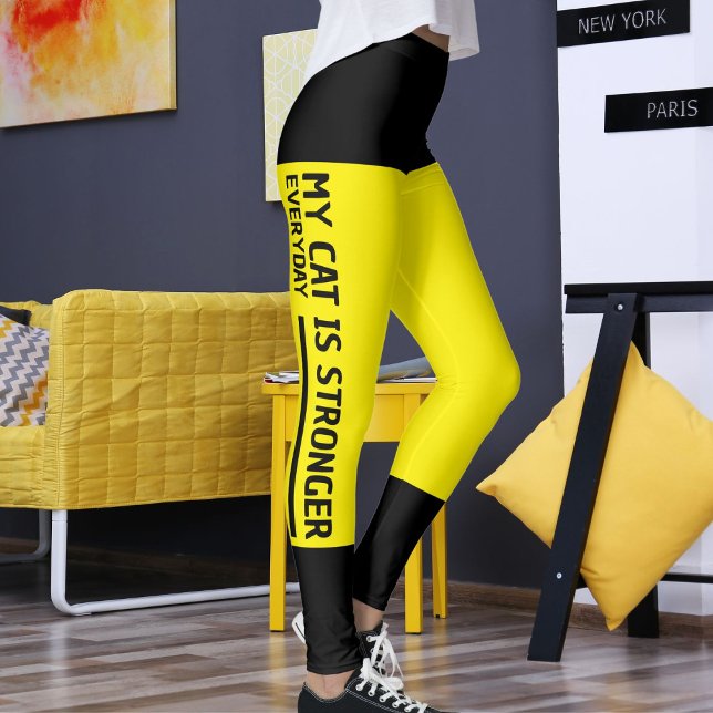 Leggings Personnalisé noir brillant rayures jaune Cat Retro (Créateur téléchargé)