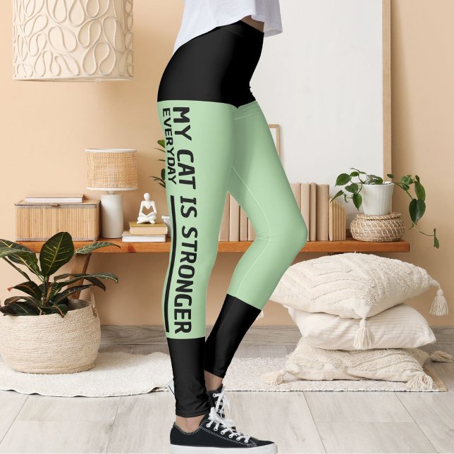 Leggings Personnalisé noir pâle vert rayures Cat Retro (Créateur téléchargé)