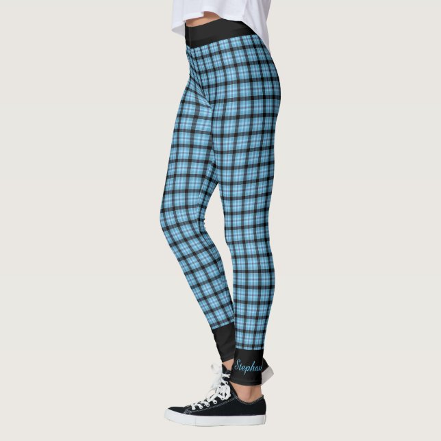 Leggings Personnalisez Nom Plaid Bleu Noir, Trim Noir Yoga (Gauche)
