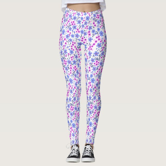Leggings Petit motif floral blanc bleu rose mignon (Devant)