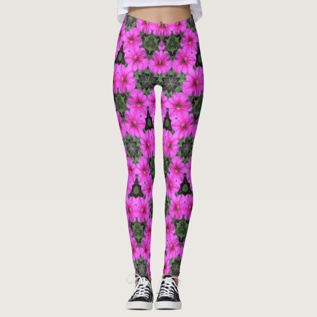 Leggings ~ Pétunias rose avec vert ~ Original (Devant)