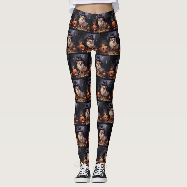 Leggings Peur d'Halloween Citrouille de Poméranie (Devant)