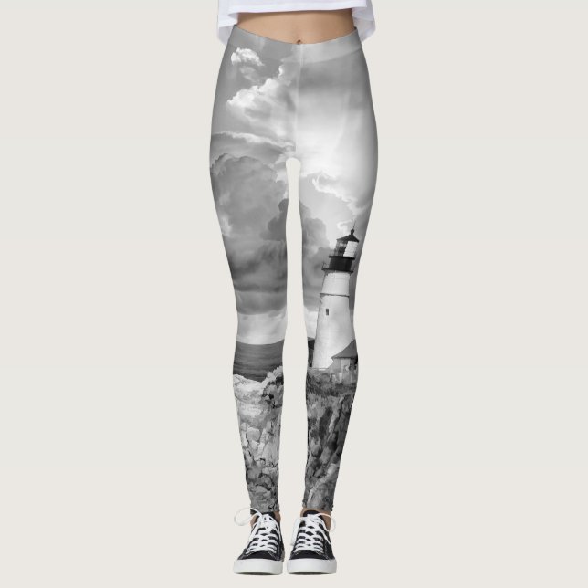Leggings Phare gris Noir Blanc Nuages Mer Océan (Devant)