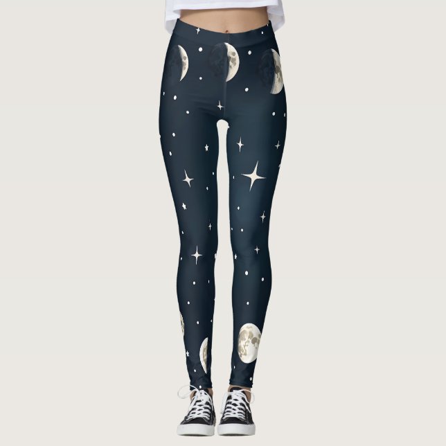 Leggings Phases de lune céleste en argent sur la marine (Devant)