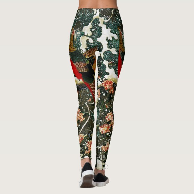 Leggings Pheasants à Snow, Pine Tree, Roses, Japanese Flora (Dos)