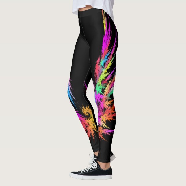Leggings Phoenix - art fractal coloré sur noir (Gauche)
