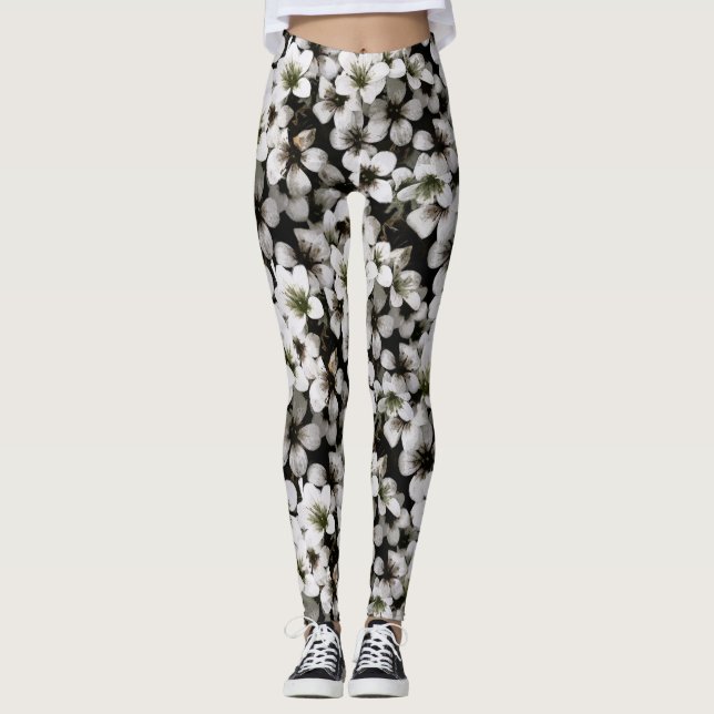 Leggings Photo botanique florale Fleurs blanches (Devant)