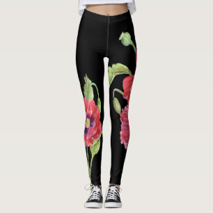 Leggings Photos florales de Red Poppies Arrière - plan noir