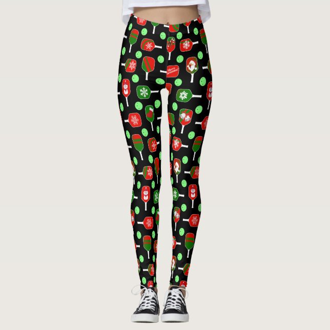 Leggings Pickleball de Noël Rouge Green Paddles Balls Noir (Devant)