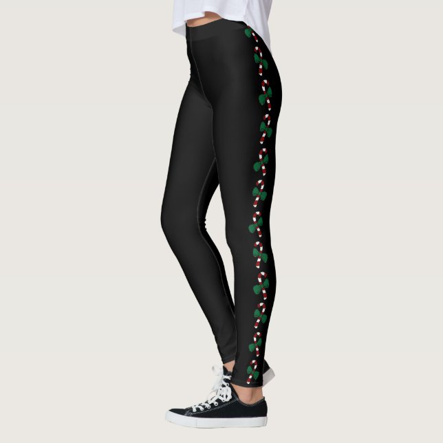 Leggings Pickleball Holiday Outfit Candy Canes on Black (Gauche)