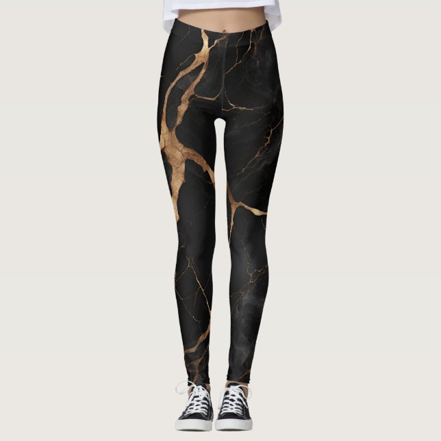 Leggings Pierre de marbre noir Texture Abstraite (Devant)