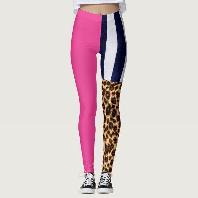 Leggings Pignon Asymétrique Hot Pink, strié et Cheetah (Devant)