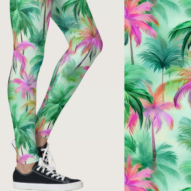 Leggings Pink and Green Palm Trees Tropical Patterned (Créateur téléchargé)