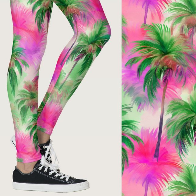 Leggings Pink and Green Palm Trees Tropical Patterned (Créateur téléchargé)