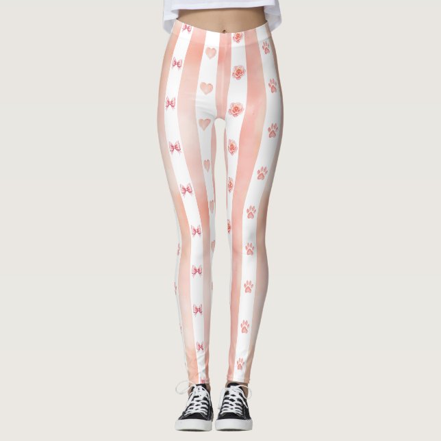 Leggings Pink and White Stripe - Coeurs, Rose, Empreinte de (Devant)