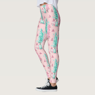 Leggings Pink Aqua Christmas Tree Festive