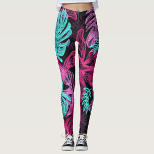 Leggings Pink Fuchsia Motif Feuille vert