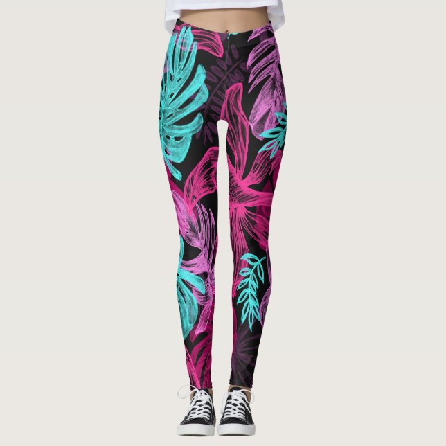 Leggings Pink Fuchsia Motif Feuille vert (Devant)