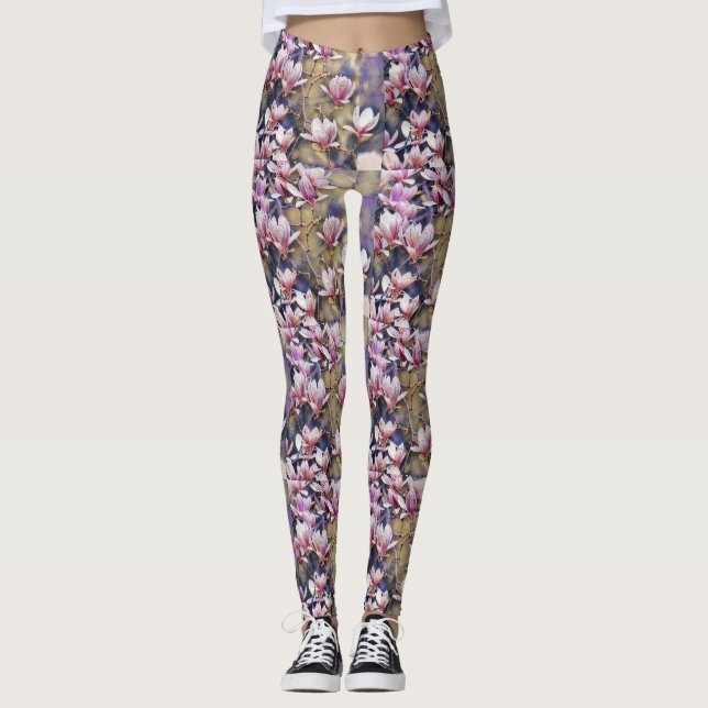 Leggings Pink magnolia branche aquarelle violet arrière - p (Devant)