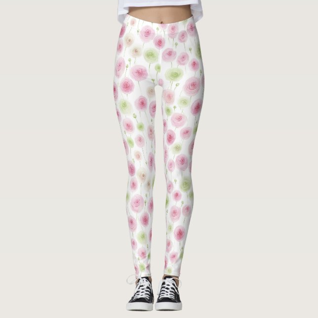 Leggings Pink Mint Floral Ranunculus   (Devant)