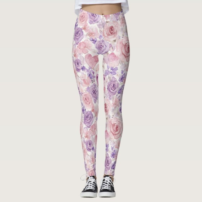 Leggings Pink Purple Blush Flowers Hearts  (Devant)