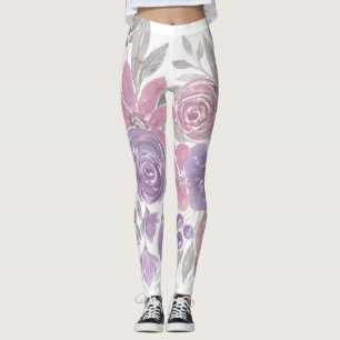 Leggings Pink Purple Sage Green Floral Watercolor