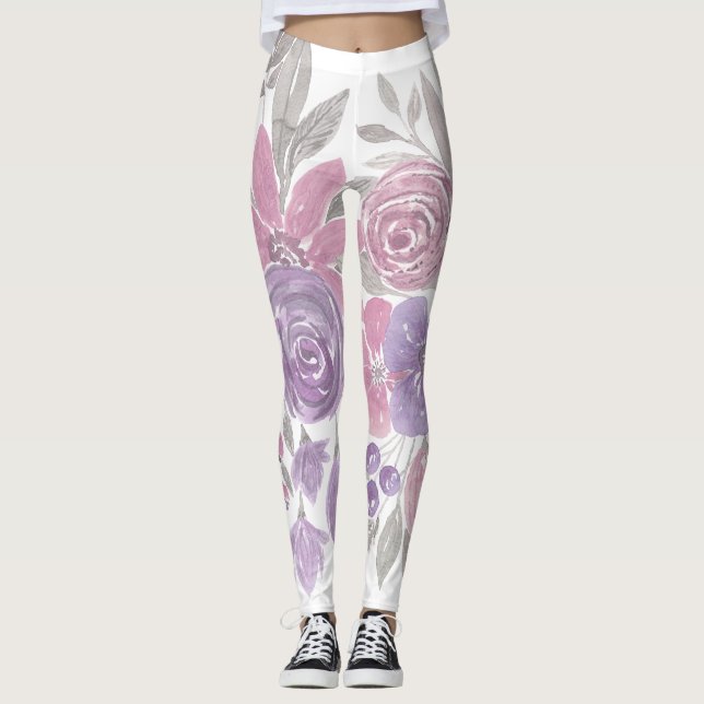 Leggings Pink Purple Sage Green Floral Watercolor (Devant)